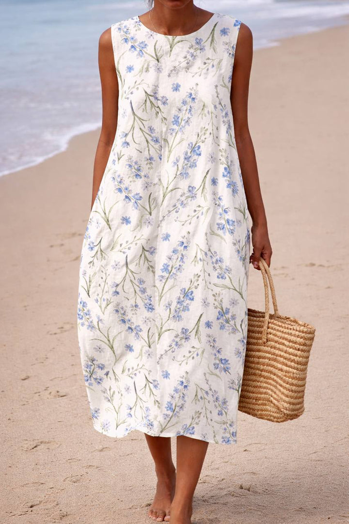 Floral Sleeveless Midi Dress – Round Neck Loose Fit