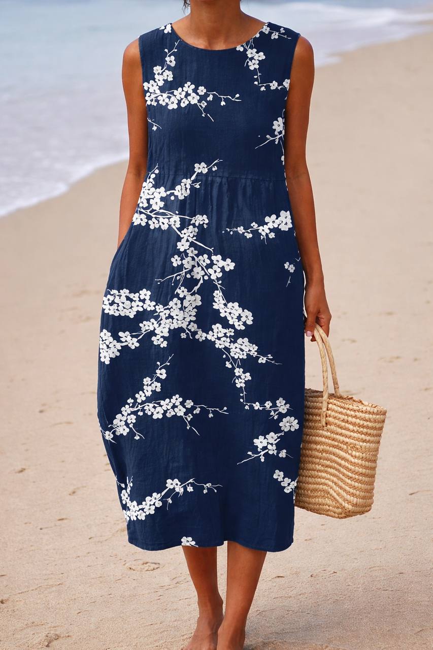 Women's Sleeveless Floral Relaxed Fit Midi Dress– Round Neck Summer Dress