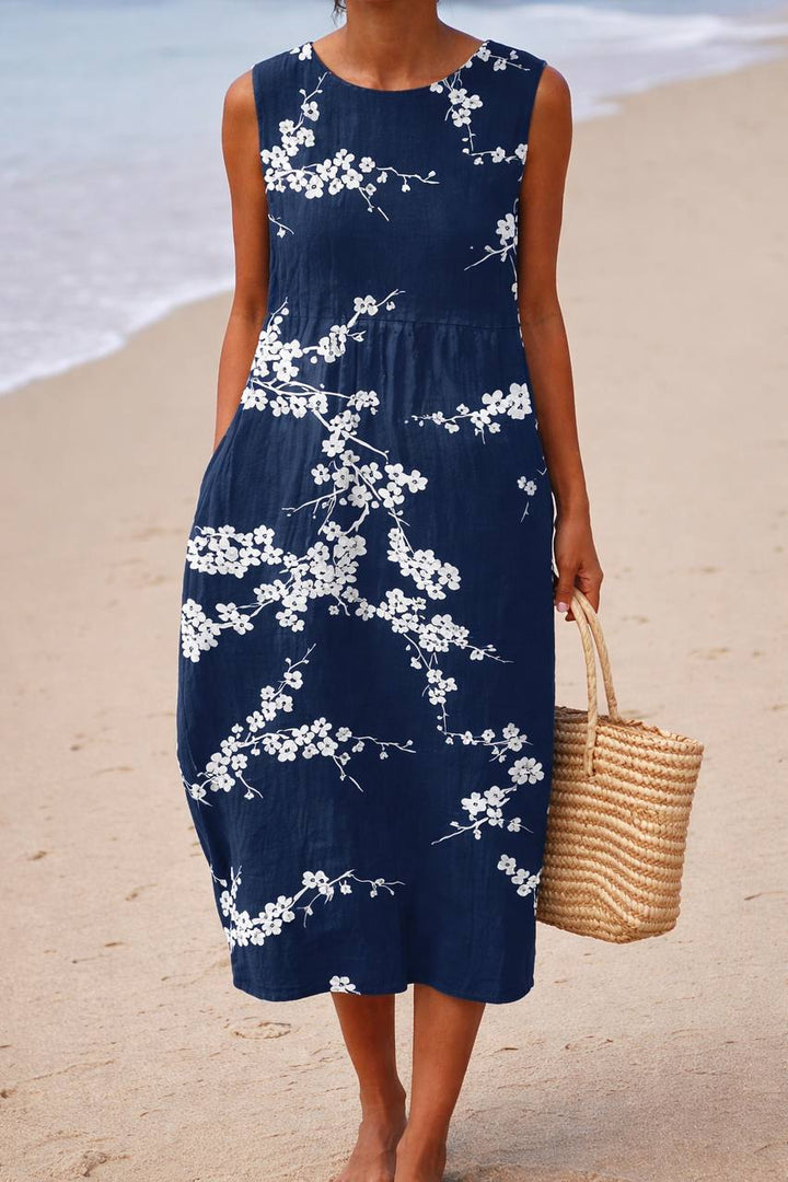 Women's Sleeveless Floral Relaxed Fit Midi Dress– Round Neck Summer Dress