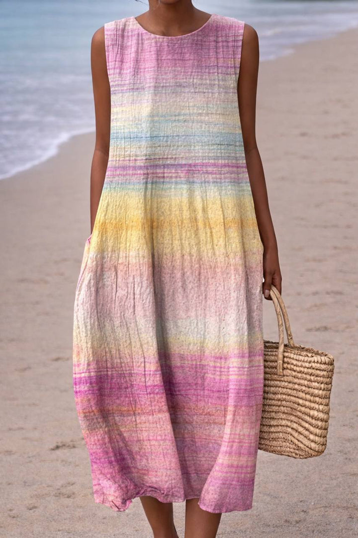 Sleeveless Gradient Stripe Midi Dress – Round Neck Loose Fit