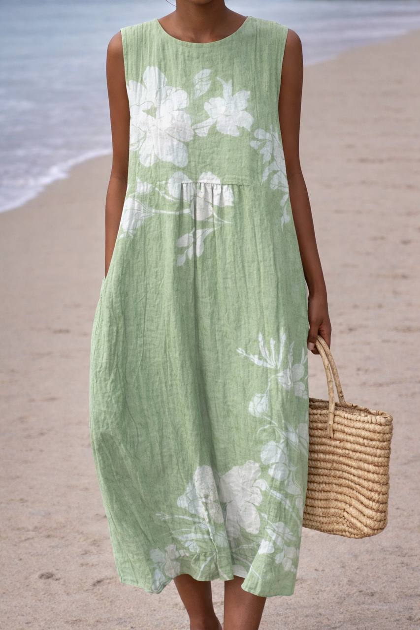 Sleeveless Floral Midi Dress - Round Neck Loose Fit
