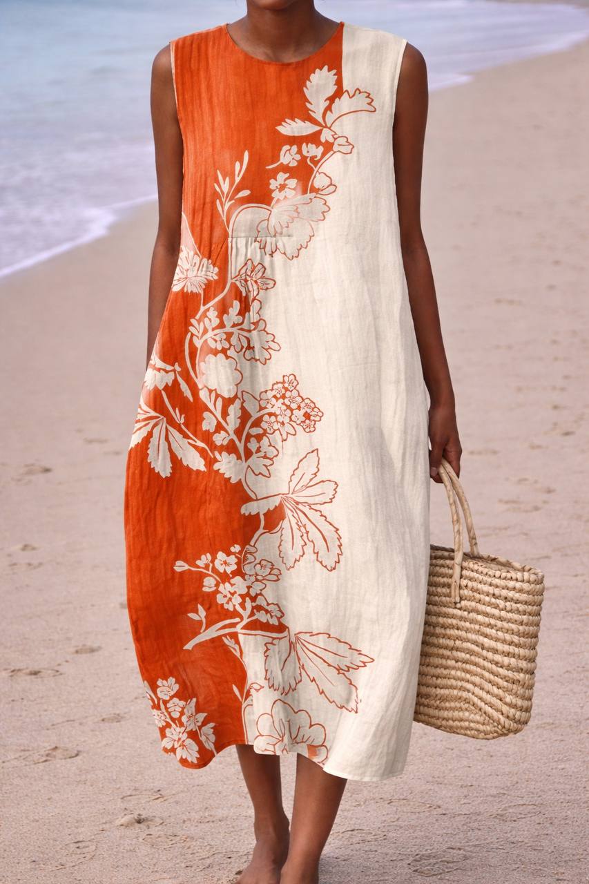 Women's Floral Botanical Sleeveless Midi Dress - Round Neck Loose Fit