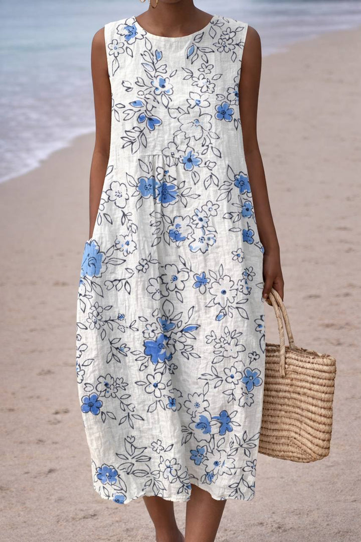 Blue Floral Sleeveless Lightweight Midi Dress -  Round Neck Loose Fit