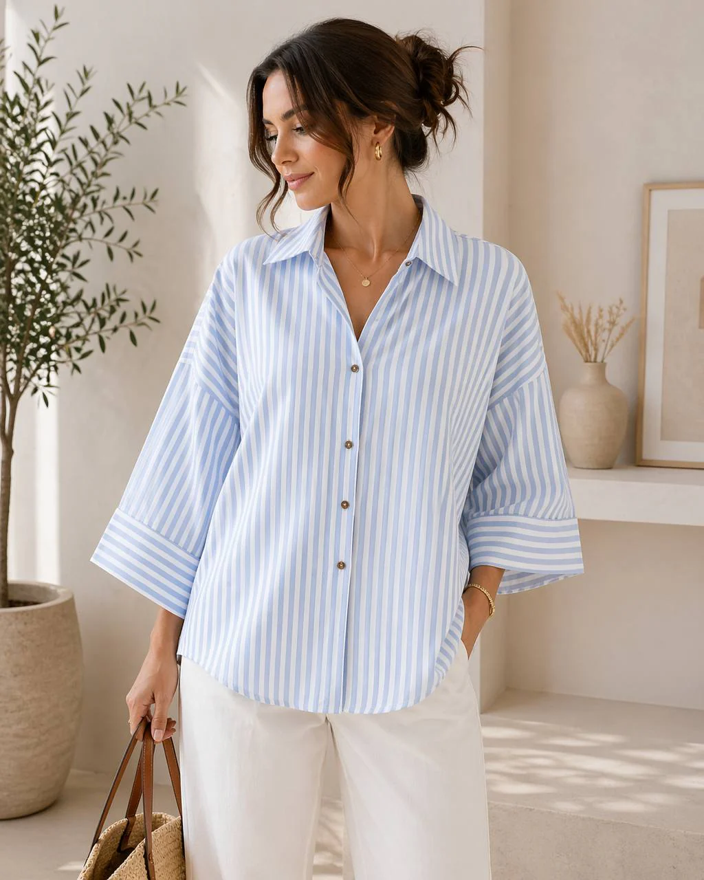 Oversized  Striped Button Down Shirt – 3/4 Sleeve Relaxed Fit