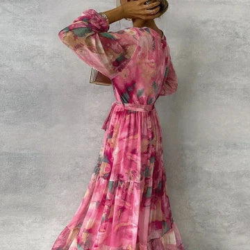 Floral V-Neck Maxi Dress – Long Sleeve Wrap Waist Dress with Tiered Flared Skirt