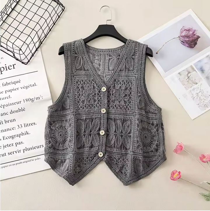 Women's Floral Crochet Button Vest