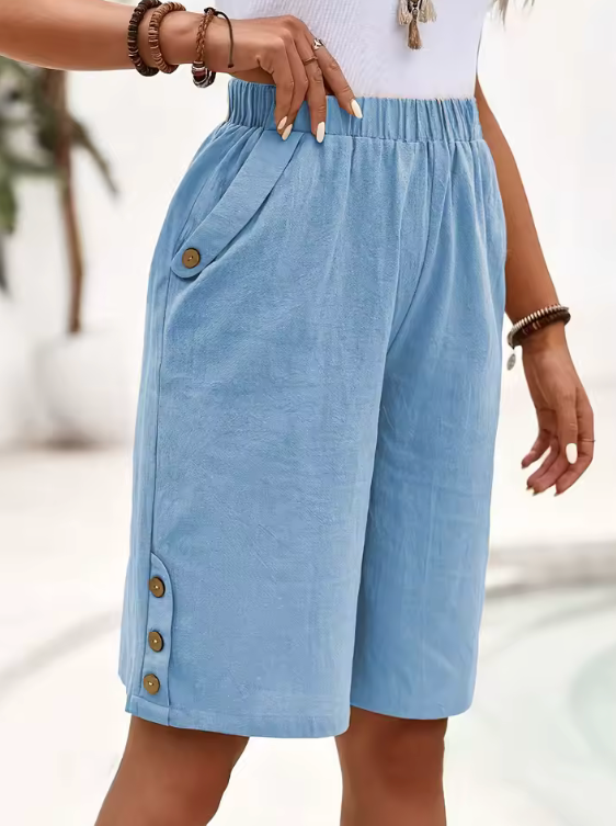 High Waisted Knee Length Shorts – Elastic Waist Casual Shorts with Button Detail