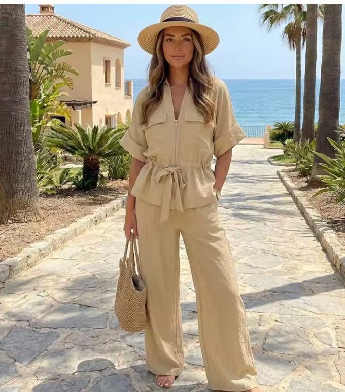 Co-Ord Set - Tie Waist Short Sleeve Top & Wide Leg Trousers