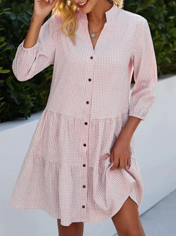 Gingham Button Front Midi Dress – Long Sleeve Tiered A-Line Dress