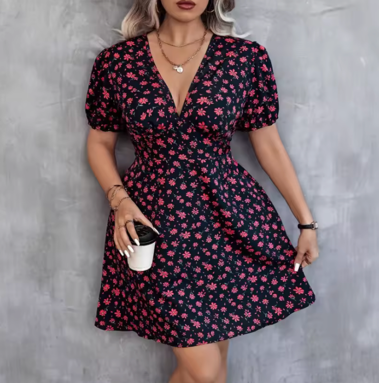 Floral V-Neck Mini Dress – Short Sleeve A-Line Fit
