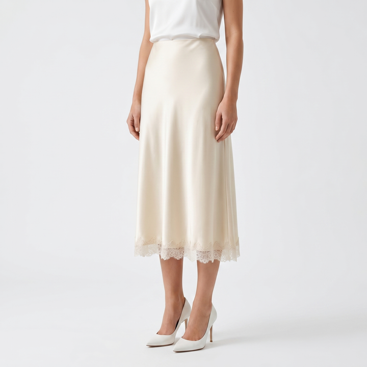 Satin Midi Skirt – Elegant Lace Trim A-Line Design