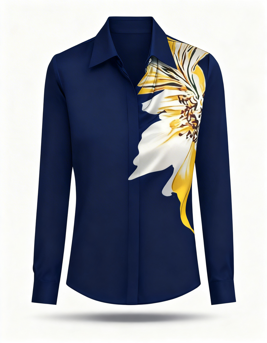 Floral Print Long Sleeve Blouse – Collared V-Neck Top with Draped Front Detail