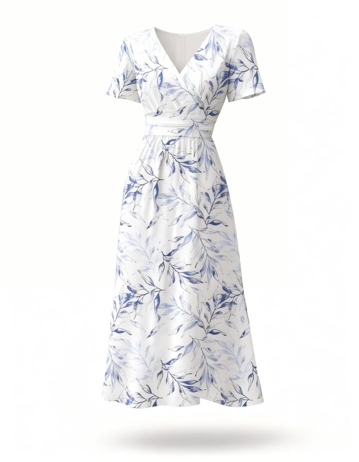 Floral Midi Dress – Short Sleeve A-Line Dress with Waist Tie and Flared Skirt