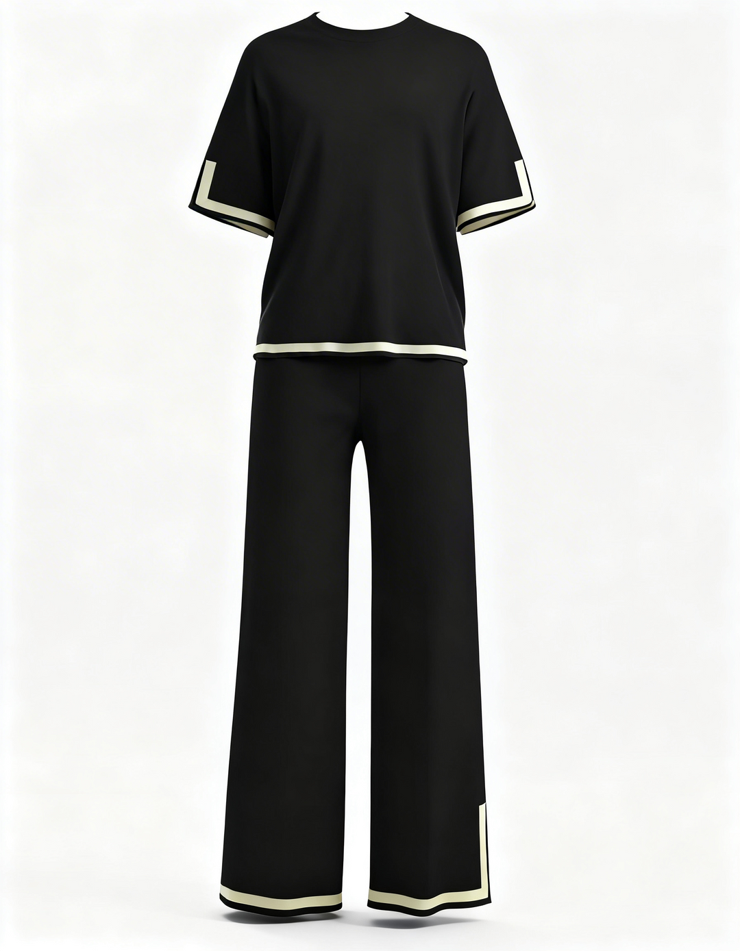 Two Piece Lounge Set – Short Sleeve Top and Wide Leg Trousers with Contrast Trim