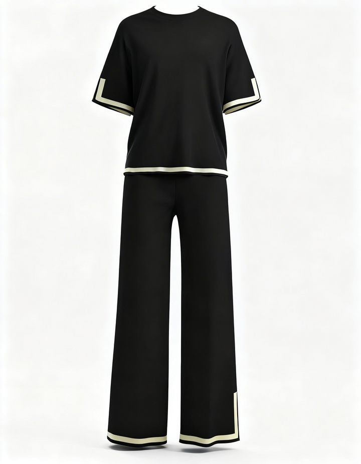 Two Piece Lounge Set – Short Sleeve Top and Wide Leg Trousers with Contrast Trim