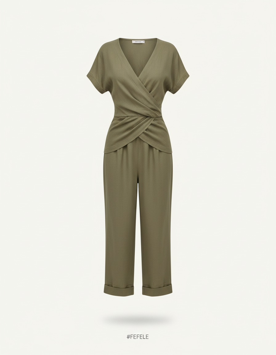 Wrap Front Set – Short Sleeve Shirt & Pants with Side Pockets
