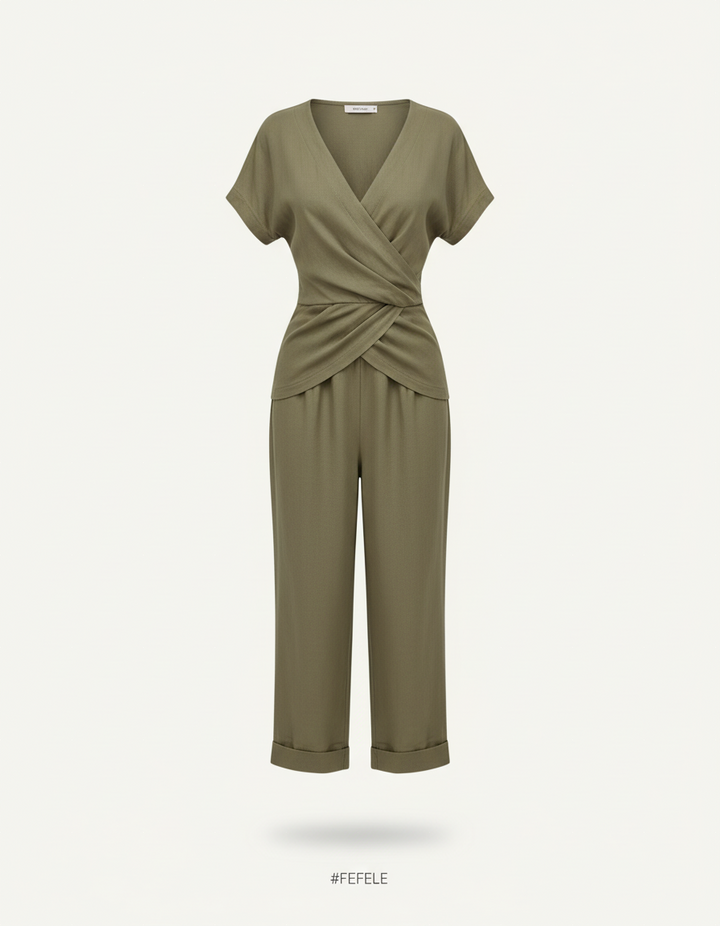 Wrap Front Set – Short Sleeve Shirt & Pants with Side Pockets