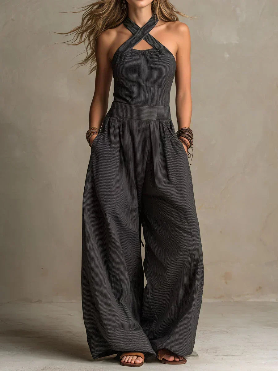 Women's Linen Halter Wide Leg Cross-Back Jumpsuit